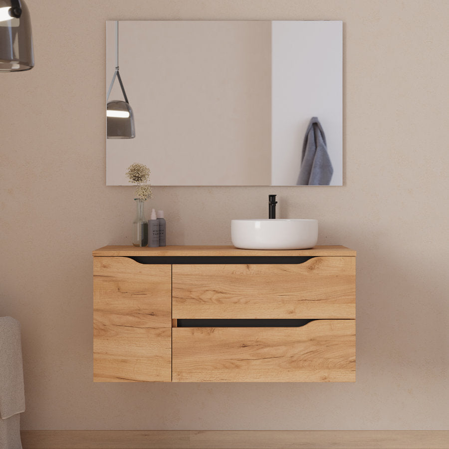 Meuble de salle de bain 100cm avec plateau et vasque à poser déportée à droite Ares - sans miroir - 2 tiroirs et un placard - ZARZA