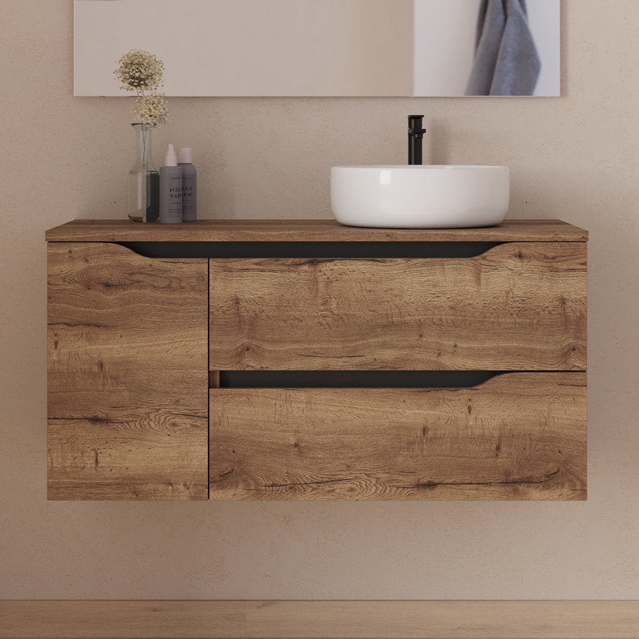 Meuble de salle de bain 100cm avec plateau et vasque à poser déportée à droite Ares - sans miroir - 2 tiroirs et un placard - ZARZA