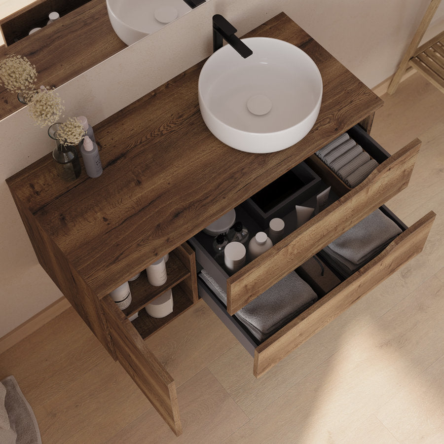 Meuble de salle de bain 100cm avec plateau et vasque à poser déportée à droite Ares - sans miroir - 2 tiroirs et un placard - ZARZA
