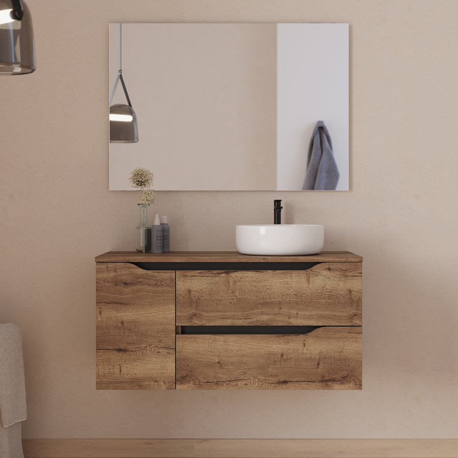 Meuble de salle de bain 100cm avec plateau et vasque à poser déportée à droite Ares - sans miroir - 2 tiroirs et un placard - ZARZA
