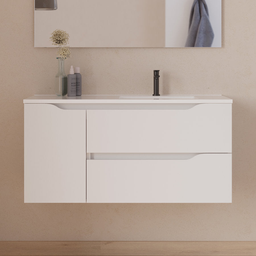 Meuble de salle de bain 100cm avec vasque déportée à droite et miroir - 2 tiroirs et un placard - ZARZA