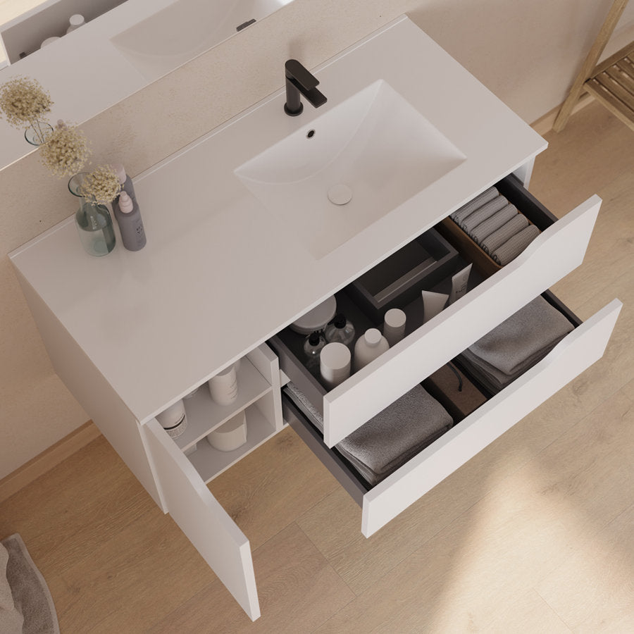 Meuble de salle de bain 100cm avec vasque déportée à droite et miroir - 2 tiroirs et un placard - ZARZA
