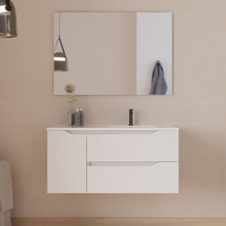 Meuble de salle de bain 100cm avec vasque déportée à droite et miroir - 2 tiroirs et un placard - ZARZA