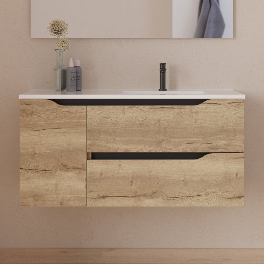 Meuble de salle de bain 100cm avec vasque déportée à droite et miroir - 2 tiroirs et un placard - ZARZA