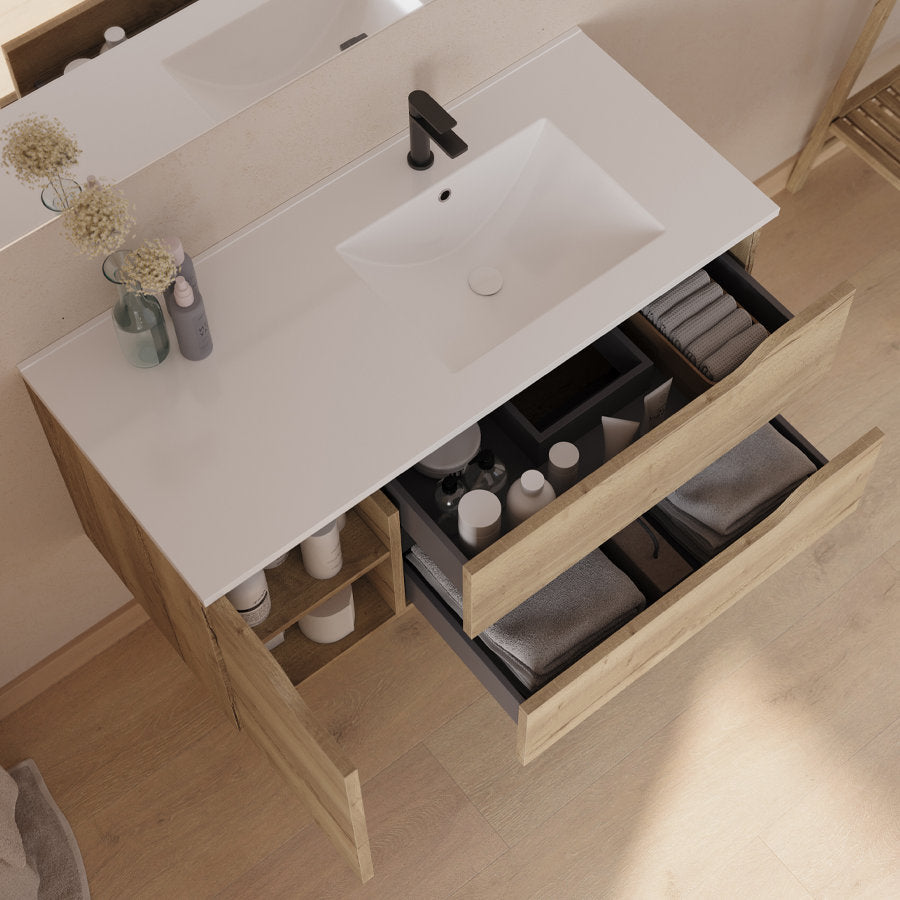 Meuble de salle de bain 100cm avec vasque déportée à droite et miroir - 2 tiroirs et un placard - ZARZA