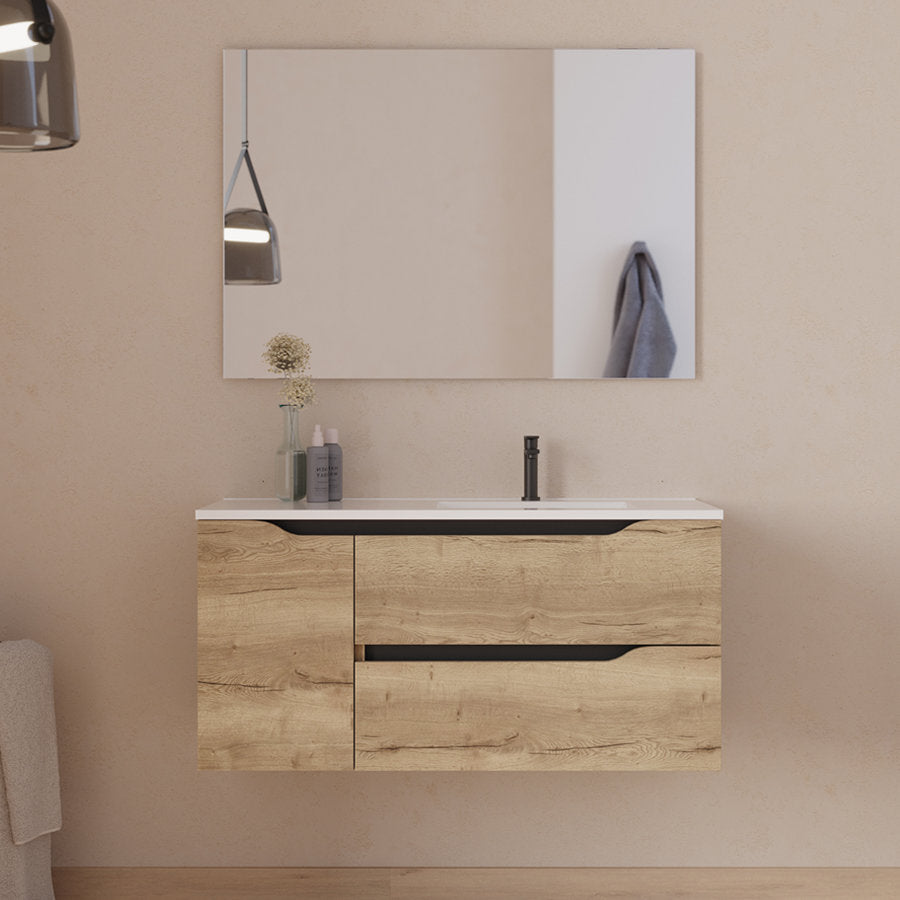 Meuble de salle de bain 100cm avec vasque déportée à droite et miroir - 2 tiroirs et un placard - ZARZA