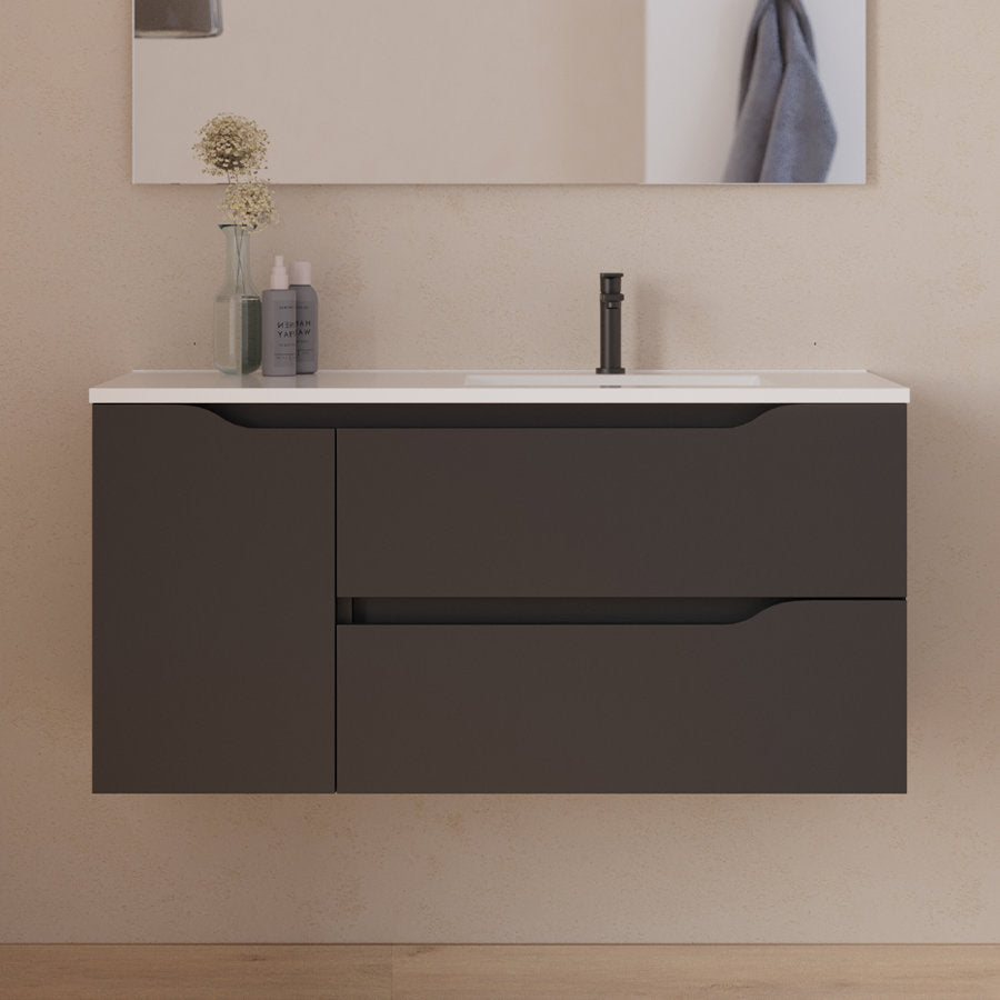 Meuble de salle de bain 100cm avec vasque déportée à droite et miroir - 2 tiroirs et un placard - ZARZA