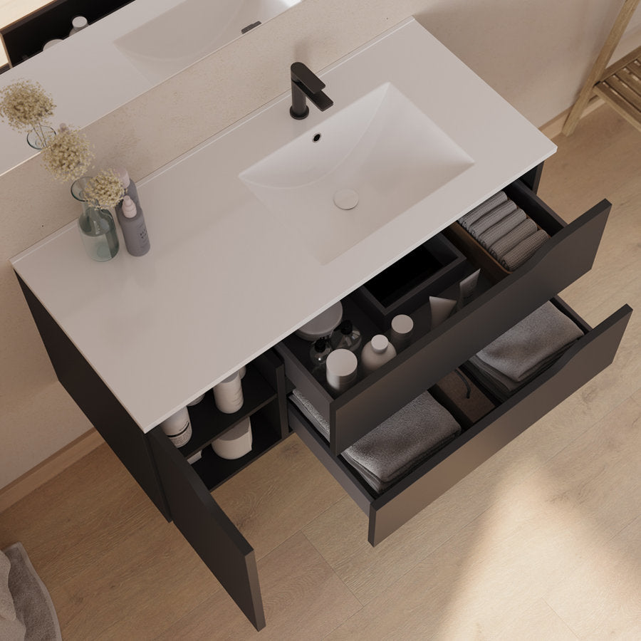 Meuble de salle de bain 100cm avec vasque déportée à droite et miroir - 2 tiroirs et un placard - ZARZA