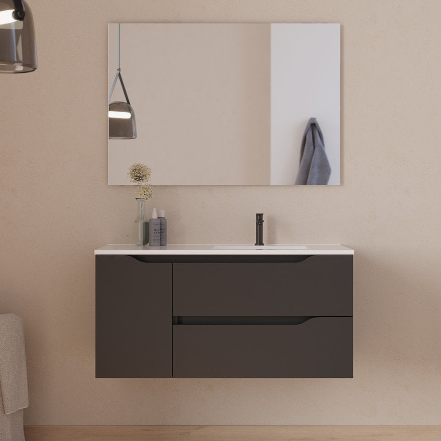 Meuble de salle de bain 100cm avec vasque déportée à droite et miroir - 2 tiroirs et un placard - ZARZA