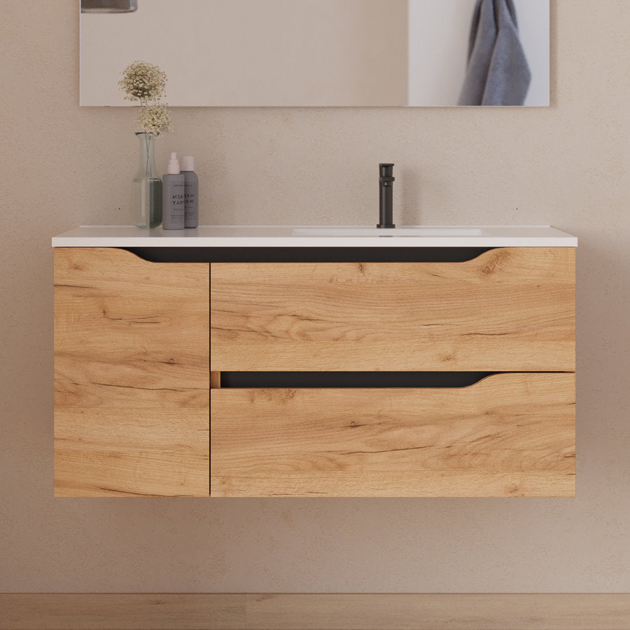 Meuble de salle de bain 100cm avec vasque déportée à droite et miroir - 2 tiroirs et un placard - ZARZA