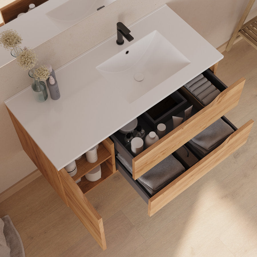 Meuble de salle de bain 100cm avec vasque déportée à droite et miroir - 2 tiroirs et un placard - ZARZA