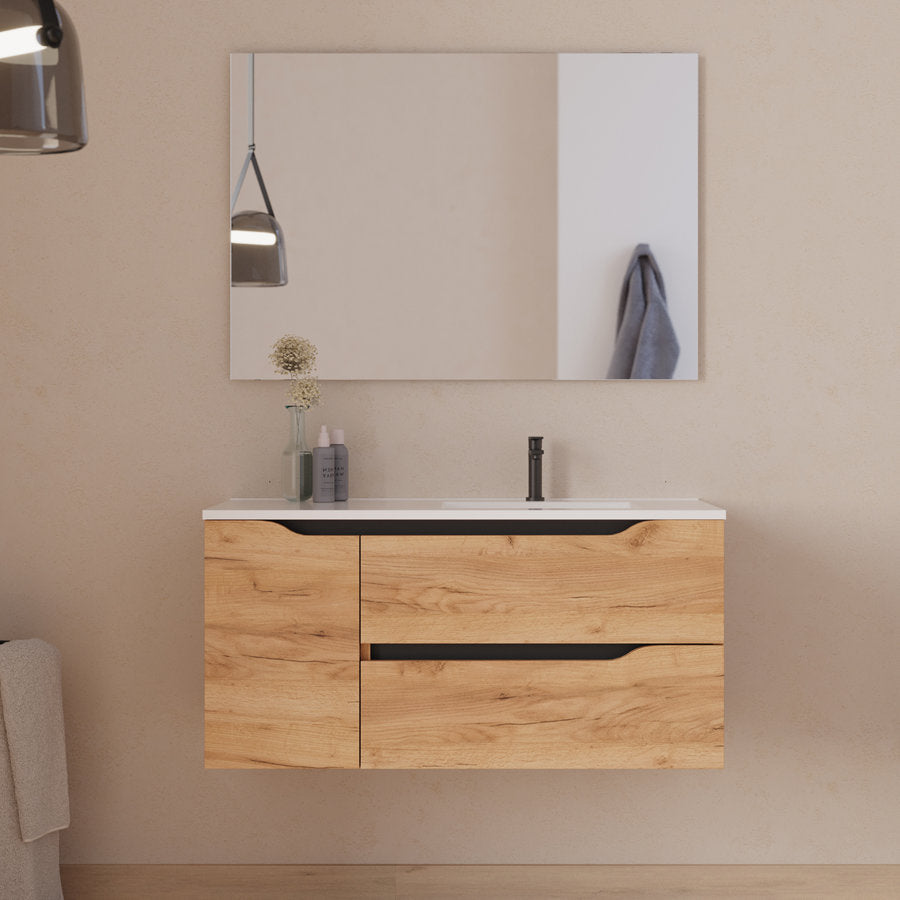 Meuble de salle de bain 100cm avec vasque déportée à droite et miroir - 2 tiroirs et un placard - ZARZA