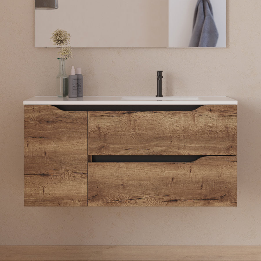 Meuble de salle de bain 100cm avec vasque déportée à droite et miroir - 2 tiroirs et un placard - ZARZA
