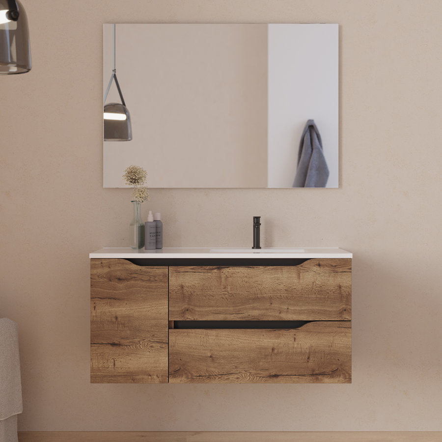 Meuble de salle de bain 100cm avec vasque déportée à droite et miroir - 2 tiroirs et un placard - ZARZA