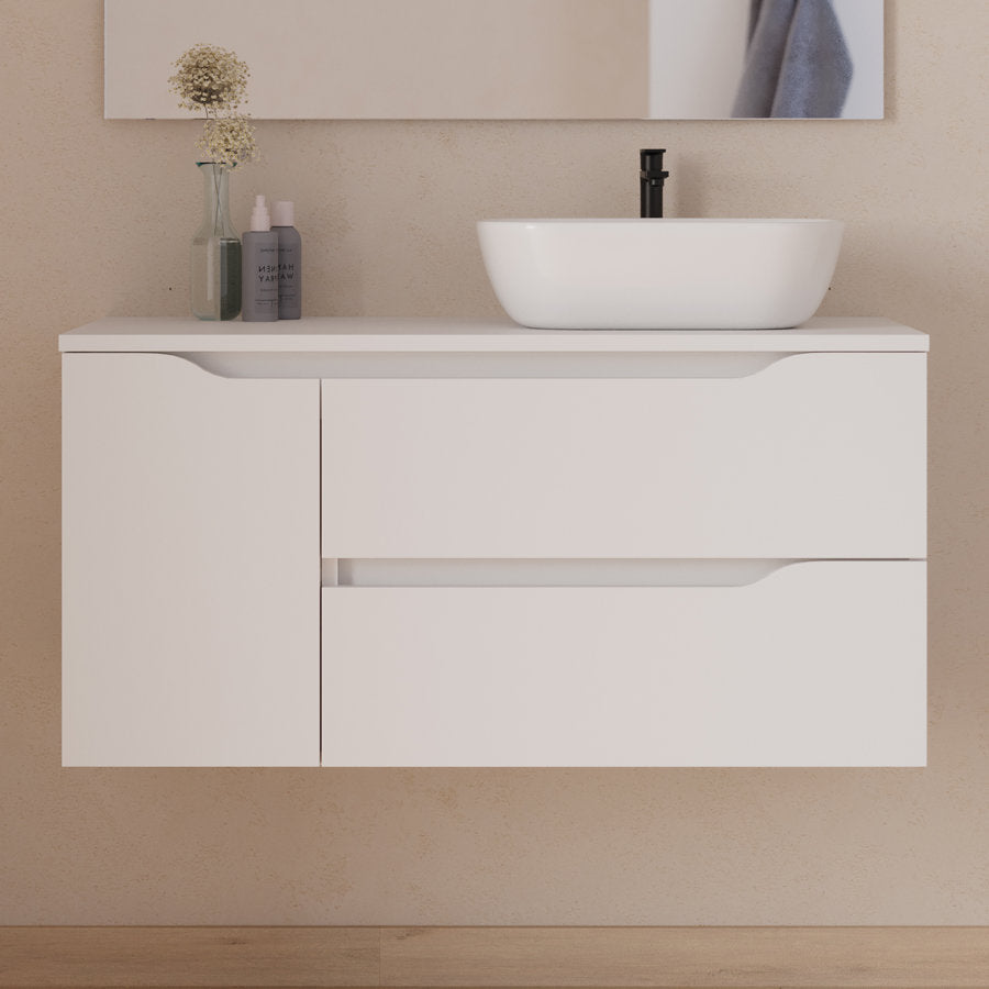 Meuble de salle de bain 100cm avec plateau et vasque à poser déportée à droite Zeus - sans miroir - 2 tiroirs et un placard - ZARZA