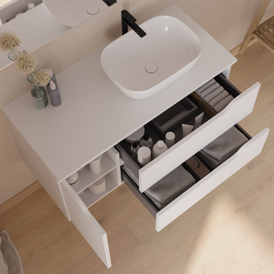 Meuble de salle de bain 100cm avec plateau et vasque à poser déportée à droite Zeus - sans miroir - 2 tiroirs et un placard - ZARZA