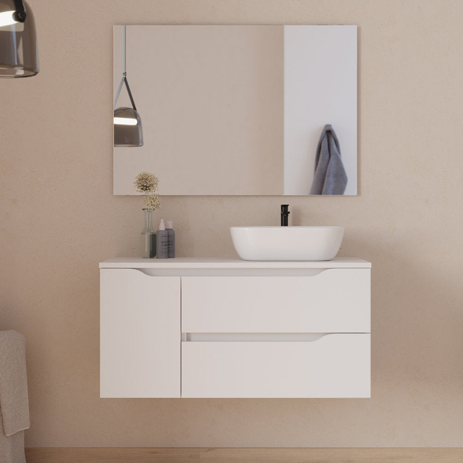Meuble de salle de bain 100cm avec plateau et vasque à poser déportée à droite Zeus - sans miroir - 2 tiroirs et un placard - ZARZA