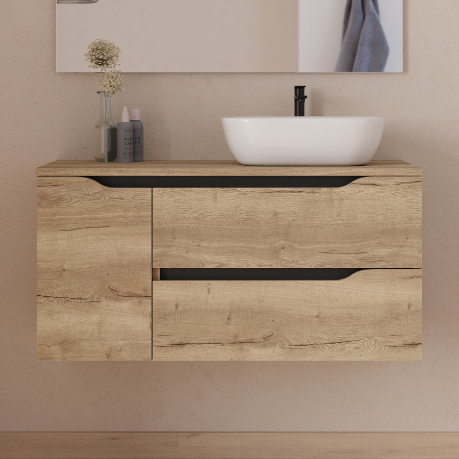 Meuble de salle de bain 100cm avec plateau et vasque à poser déportée à droite Zeus - sans miroir - 2 tiroirs et un placard - ZARZA