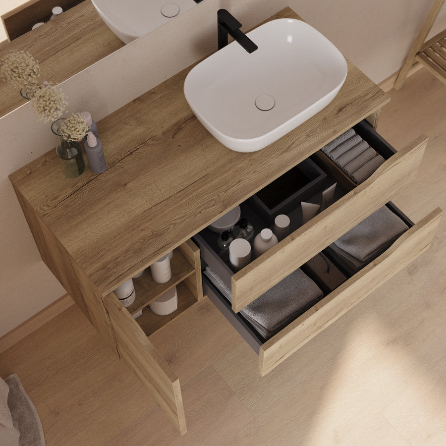 Meuble de salle de bain 100cm avec plateau et vasque à poser déportée à droite Zeus - sans miroir - 2 tiroirs et un placard - ZARZA