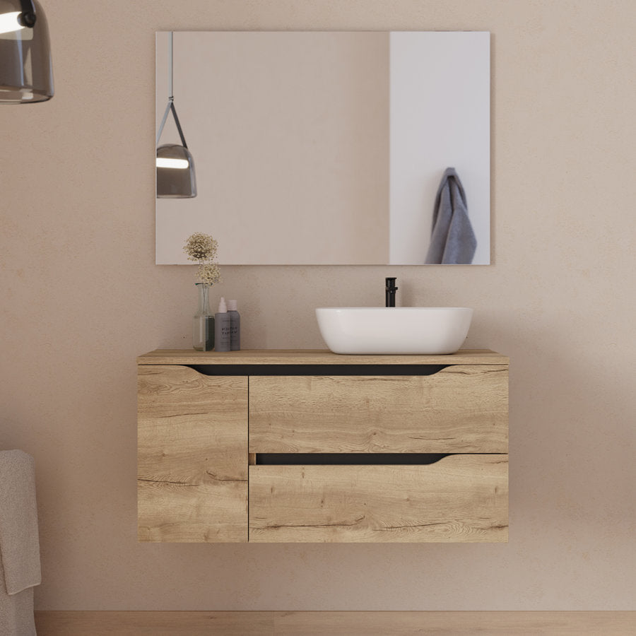 Meuble de salle de bain 100cm avec plateau et vasque à poser déportée à droite Zeus - sans miroir - 2 tiroirs et un placard - ZARZA