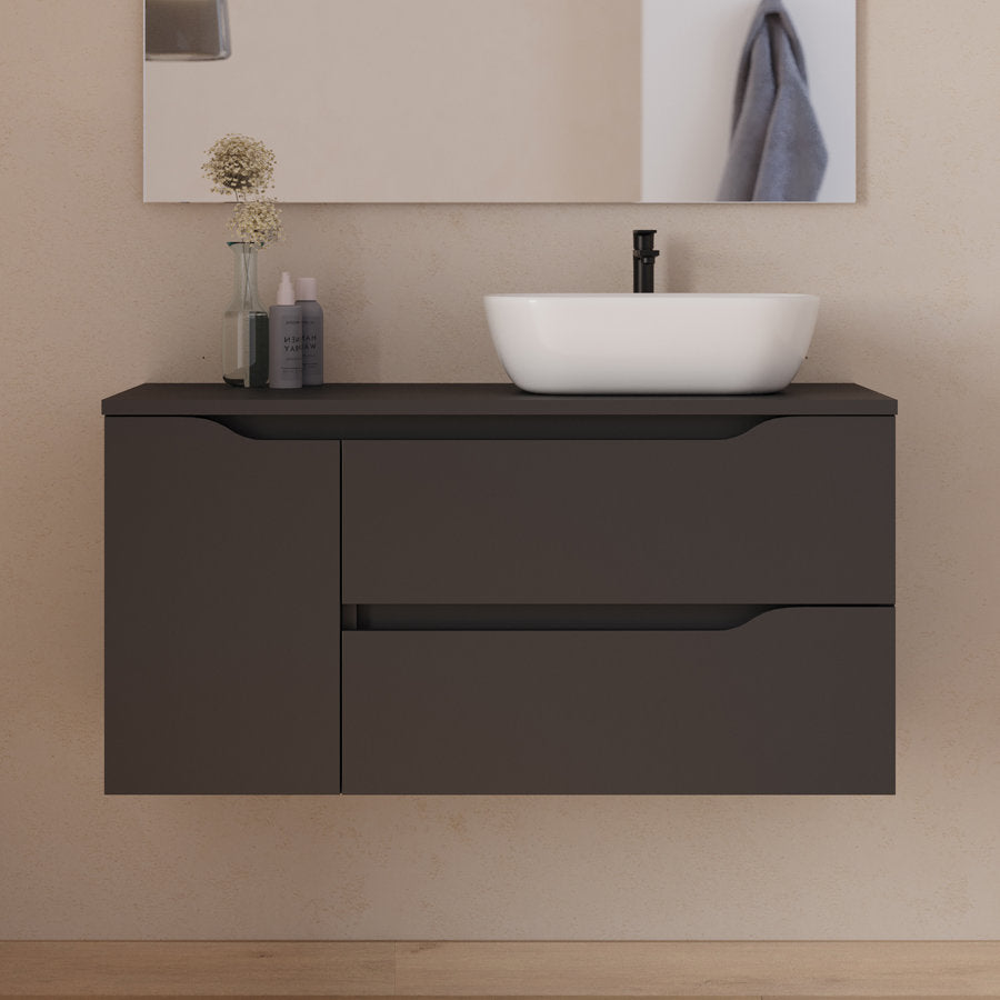 Meuble de salle de bain 100cm avec plateau et vasque à poser déportée à droite Zeus - sans miroir - 2 tiroirs et un placard - ZARZA