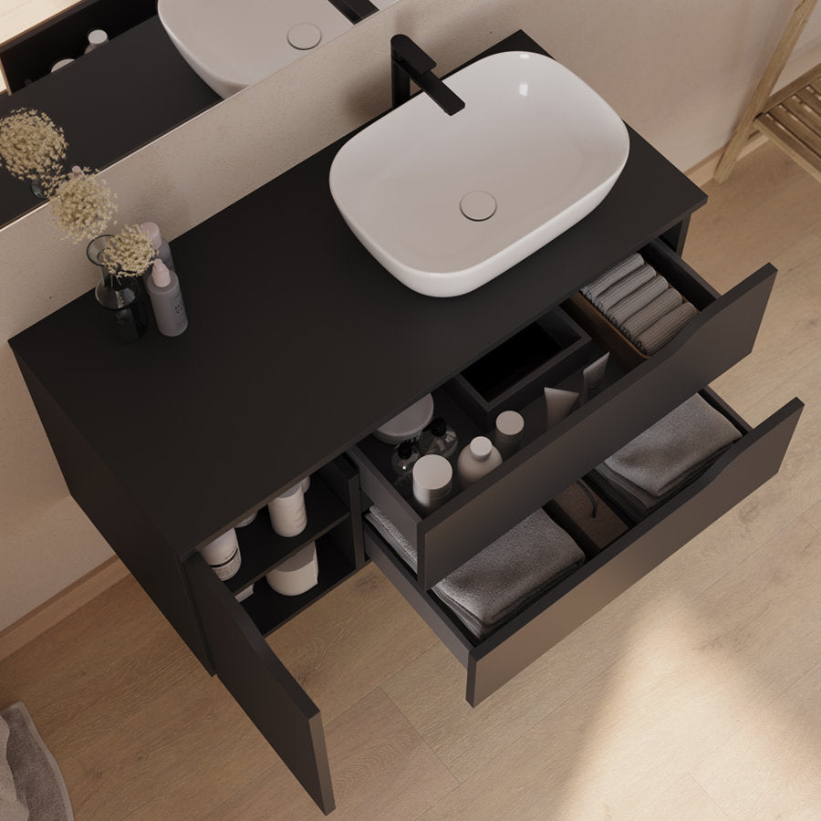 Meuble de salle de bain 100cm avec plateau et vasque à poser déportée à droite Zeus - sans miroir - 2 tiroirs et un placard - ZARZA