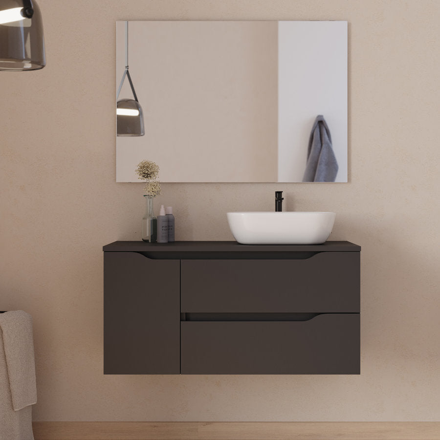 Meuble de salle de bain 100cm avec plateau et vasque à poser déportée à droite Zeus - sans miroir - 2 tiroirs et un placard - ZARZA