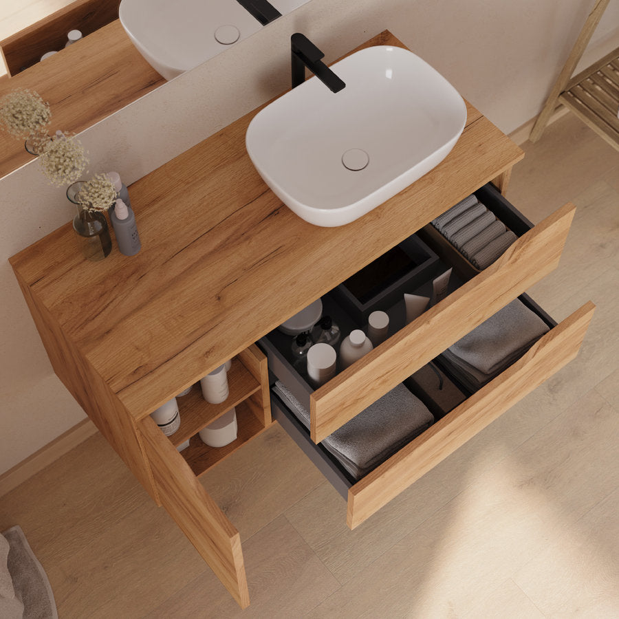 Meuble de salle de bain 100cm avec plateau et vasque à poser déportée à droite Zeus - sans miroir - 2 tiroirs et un placard - ZARZA