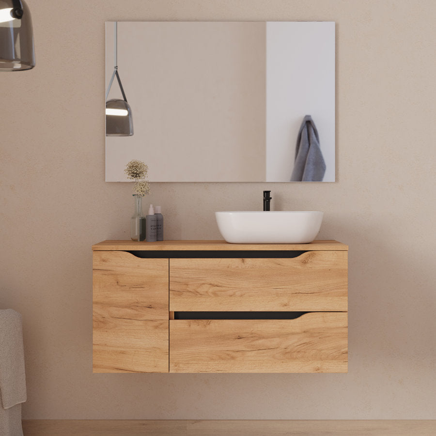 Meuble de salle de bain 100cm avec plateau et vasque à poser déportée à droite Zeus - sans miroir - 2 tiroirs et un placard - ZARZA