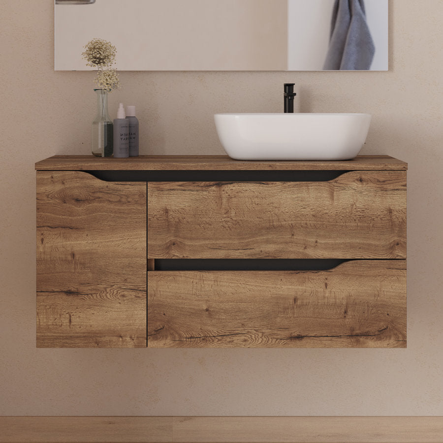 Meuble de salle de bain 100cm avec plateau et vasque à poser déportée à droite Zeus - sans miroir - 2 tiroirs et un placard - ZARZA