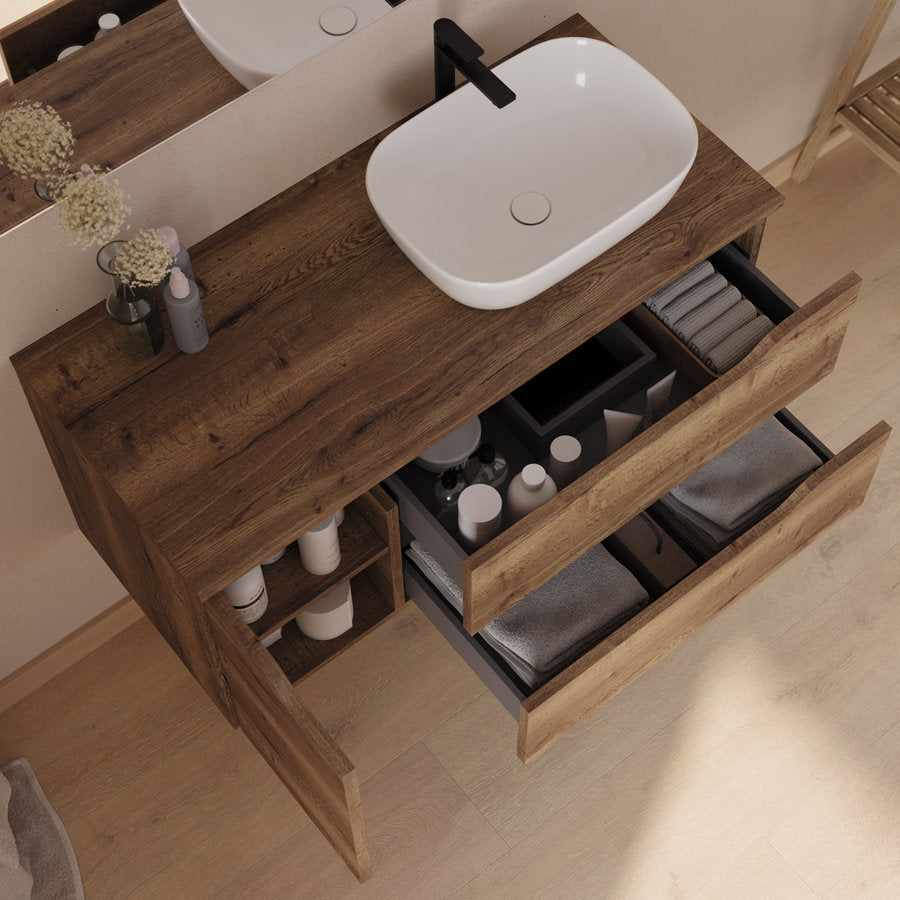 Meuble de salle de bain 100cm avec plateau et vasque à poser déportée à droite Zeus - sans miroir - 2 tiroirs et un placard - ZARZA