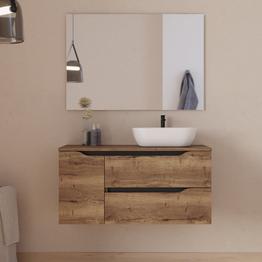 Meuble de salle de bain 100cm avec plateau et vasque à poser déportée à droite Zeus - sans miroir - 2 tiroirs et un placard - ZARZA