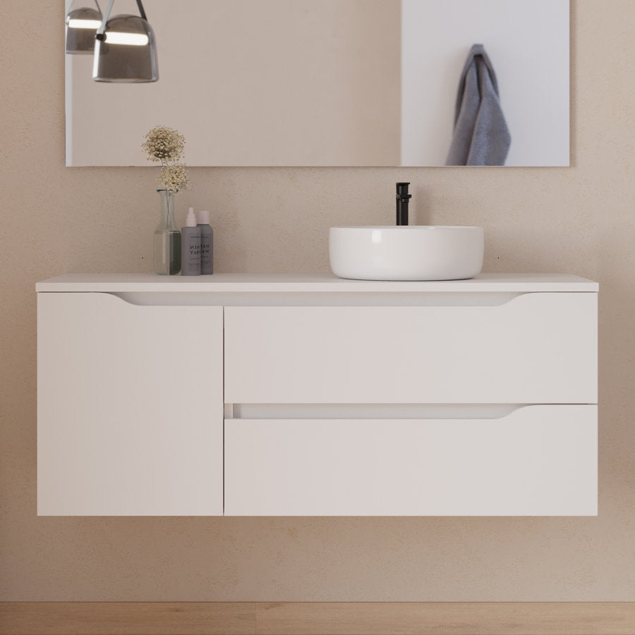 Meuble de salle de bain 120cm avec plateau et vasque à poser déportée à droite Ares - sans miroir - 2 tiroirs et un placard - ZARZA