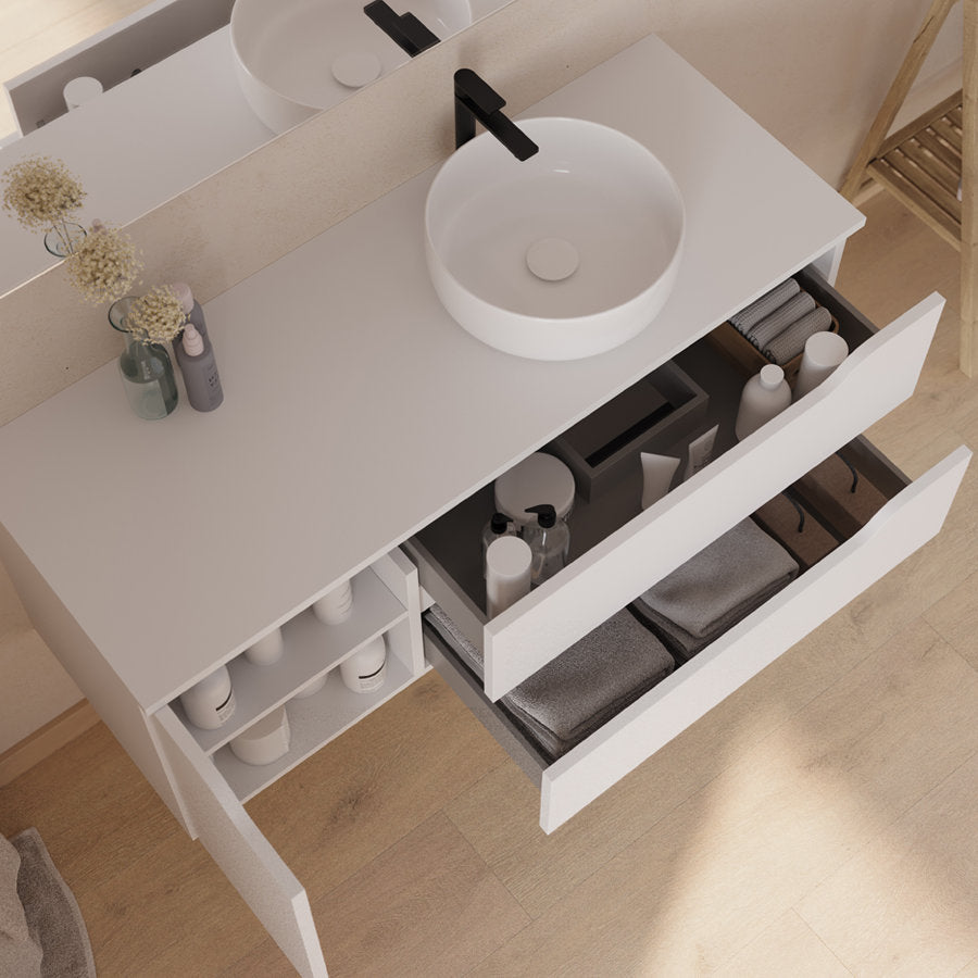 Meuble de salle de bain 120cm avec plateau et vasque à poser déportée à droite Ares - sans miroir - 2 tiroirs et un placard - ZARZA