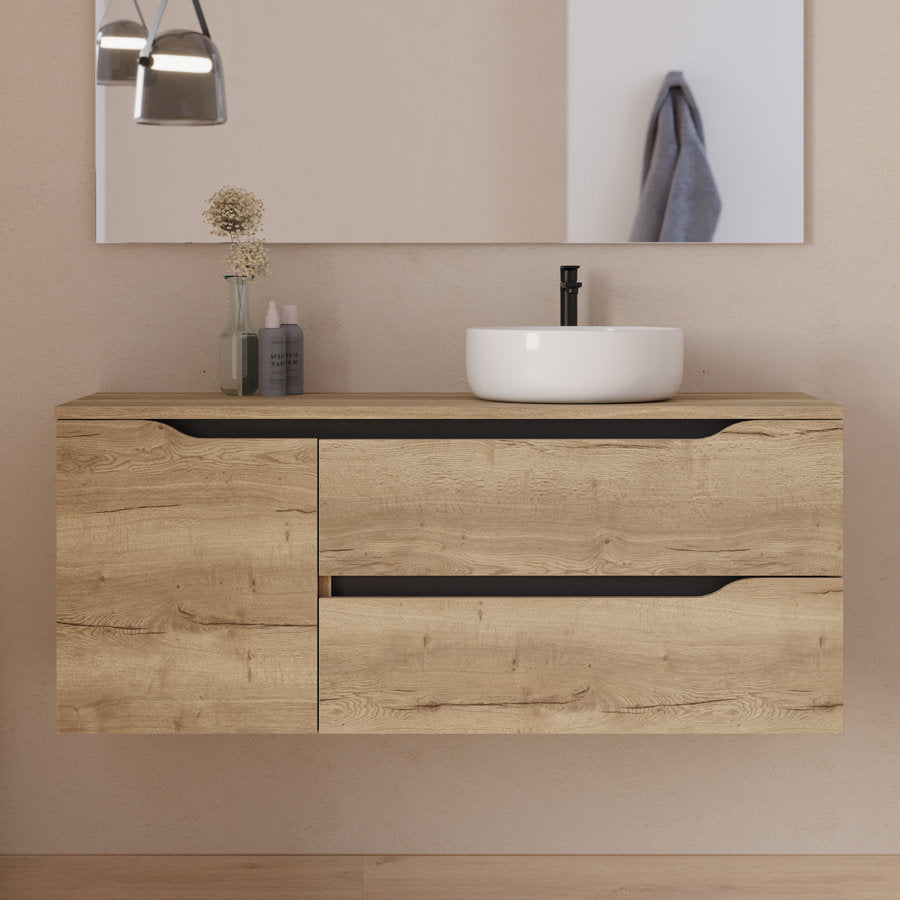 Meuble de salle de bain 120cm avec plateau et vasque à poser déportée à droite Ares - sans miroir - 2 tiroirs et un placard - ZARZA