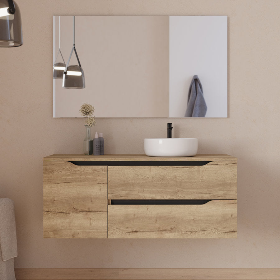 Meuble de salle de bain 120cm avec plateau et vasque à poser déportée à droite Ares - sans miroir - 2 tiroirs et un placard - ZARZA
