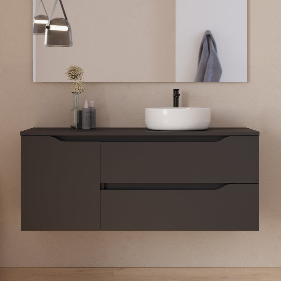 Meuble de salle de bain 120cm avec plateau et vasque à poser déportée à droite Ares - sans miroir - 2 tiroirs et un placard - ZARZA