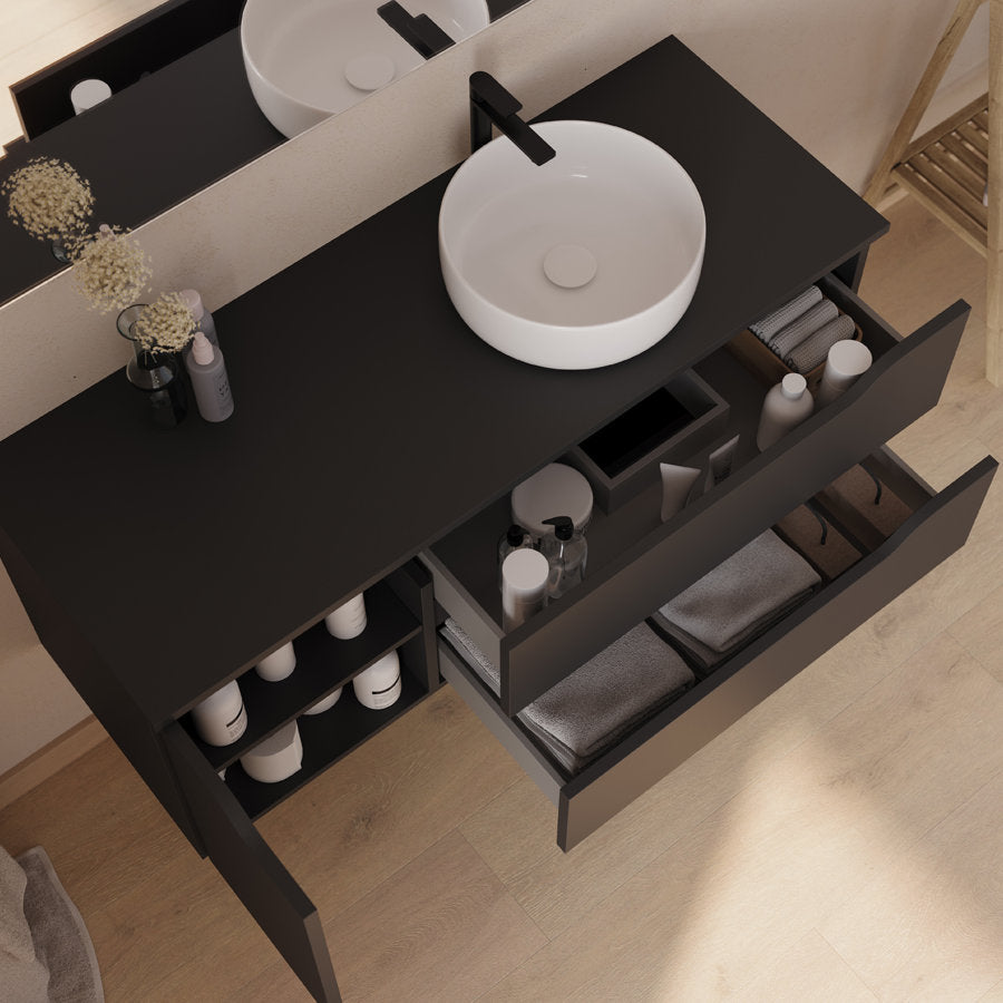 Meuble de salle de bain 120cm avec plateau et vasque à poser déportée à droite Ares - sans miroir - 2 tiroirs et un placard - ZARZA