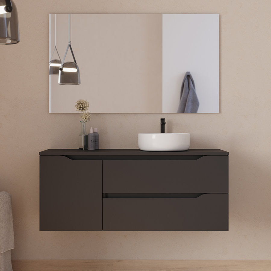 Meuble de salle de bain 120cm avec plateau et vasque à poser déportée à droite Ares - sans miroir - 2 tiroirs et un placard - ZARZA
