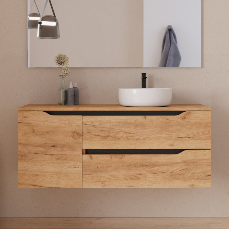 Meuble de salle de bain 120cm avec plateau et vasque à poser déportée à droite Ares - sans miroir - 2 tiroirs et un placard - ZARZA