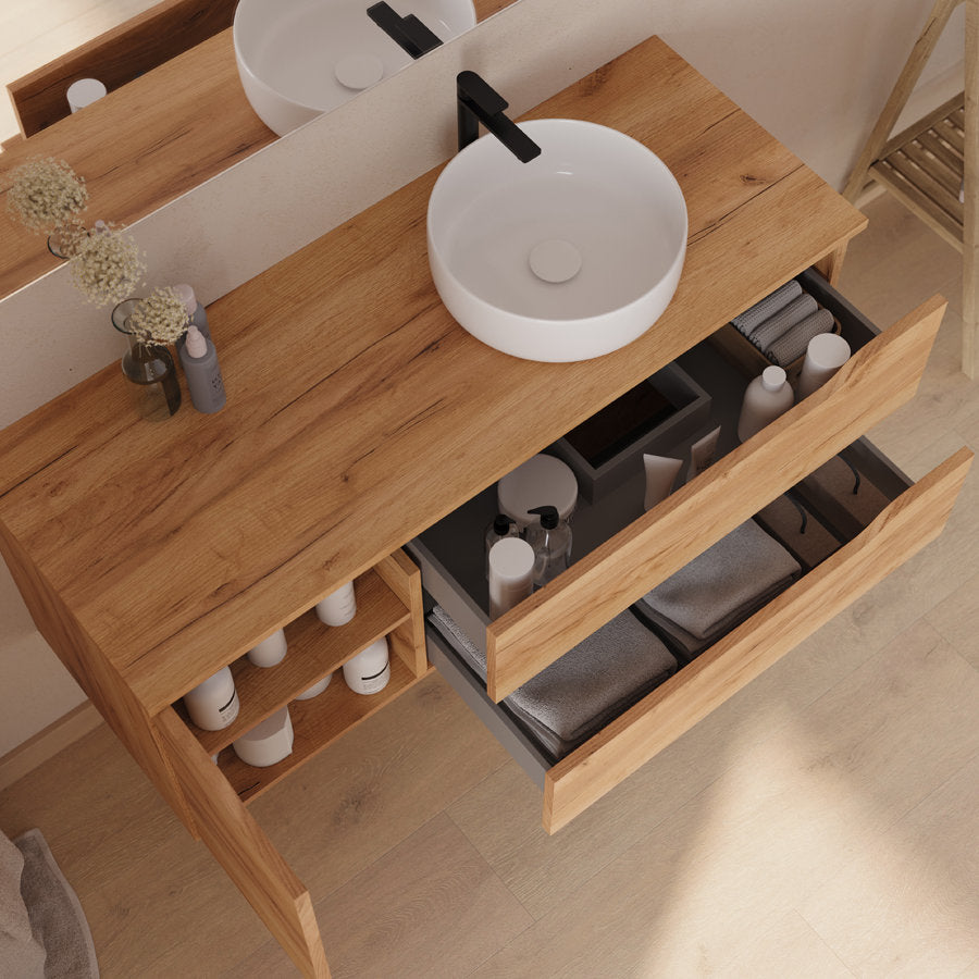 Meuble de salle de bain 120cm avec plateau et vasque à poser déportée à droite Ares - sans miroir - 2 tiroirs et un placard - ZARZA