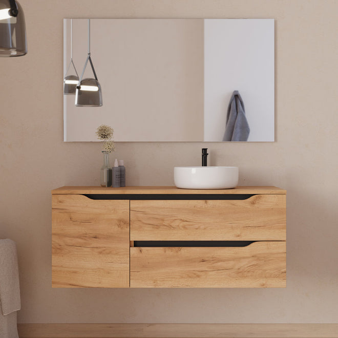 Meuble de salle de bain 120cm avec plateau, vasque à poser déportée à droite Ares et miroir - 2 tiroirs et un placard - ZARZA