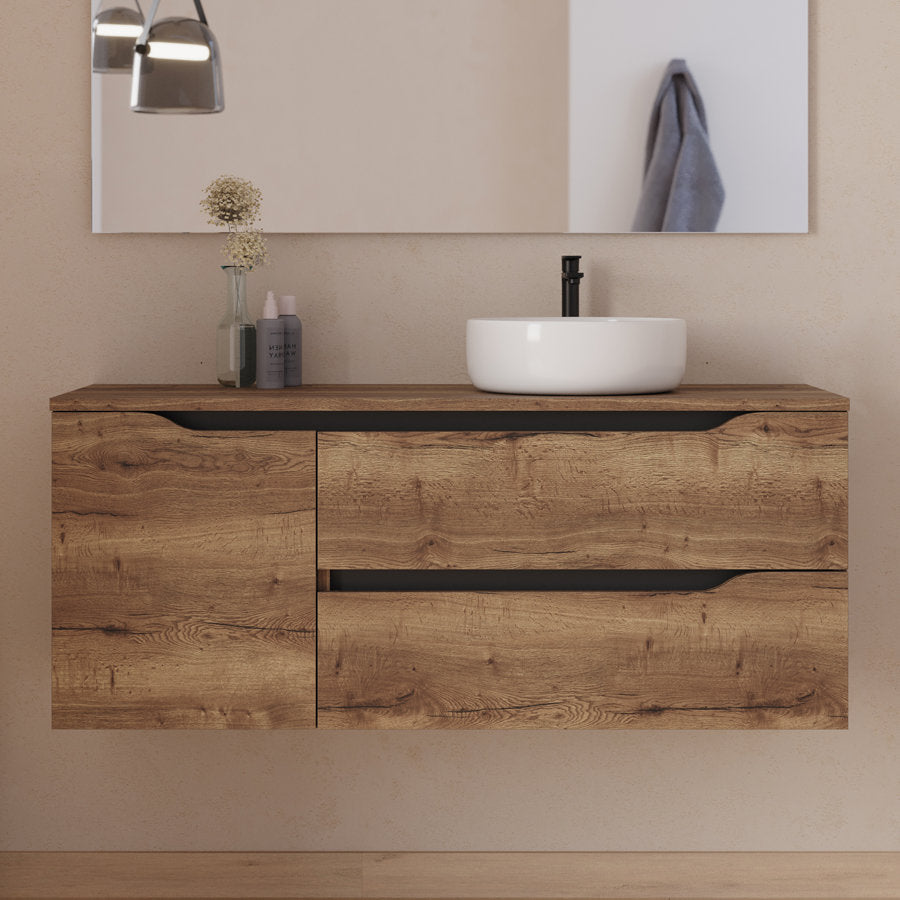 Meuble de salle de bain 120cm avec plateau et vasque à poser déportée à droite Ares - sans miroir - 2 tiroirs et un placard - ZARZA