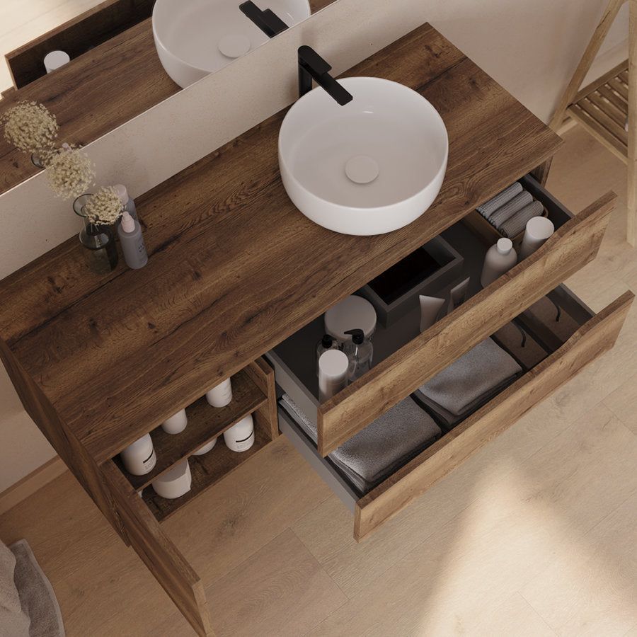 Meuble de salle de bain 120cm avec plateau et vasque à poser déportée à droite Ares - sans miroir - 2 tiroirs et un placard - ZARZA