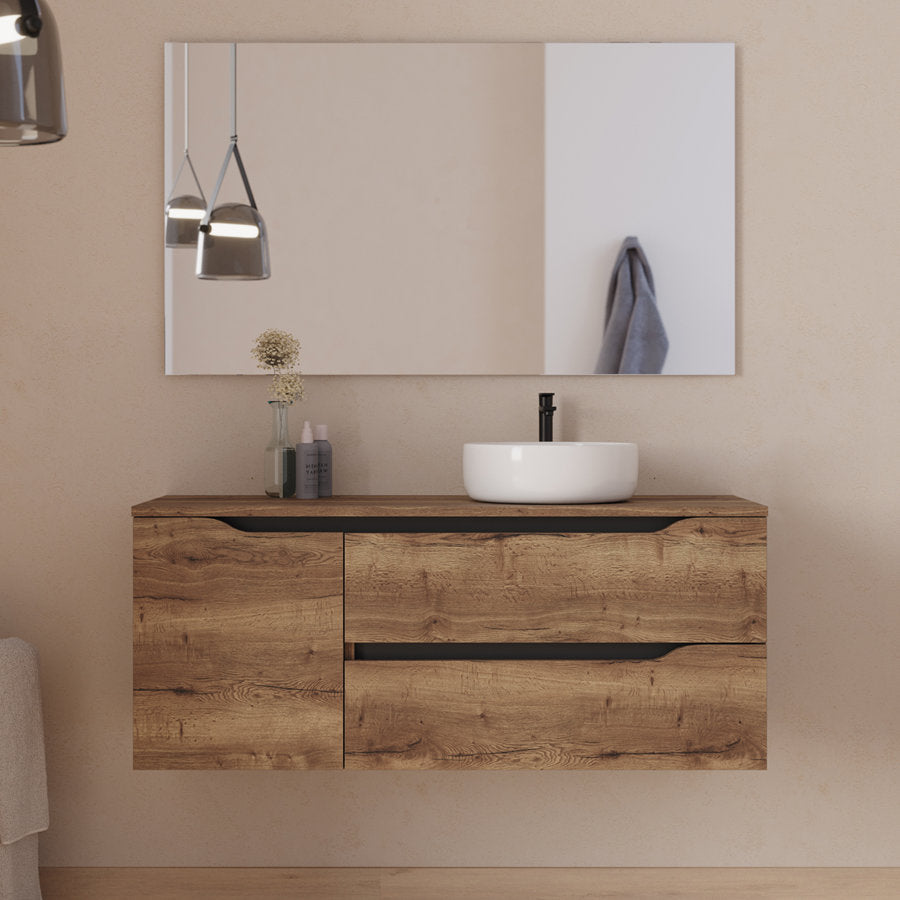 Meuble de salle de bain 120cm avec plateau et vasque à poser déportée à droite Ares - sans miroir - 2 tiroirs et un placard - ZARZA