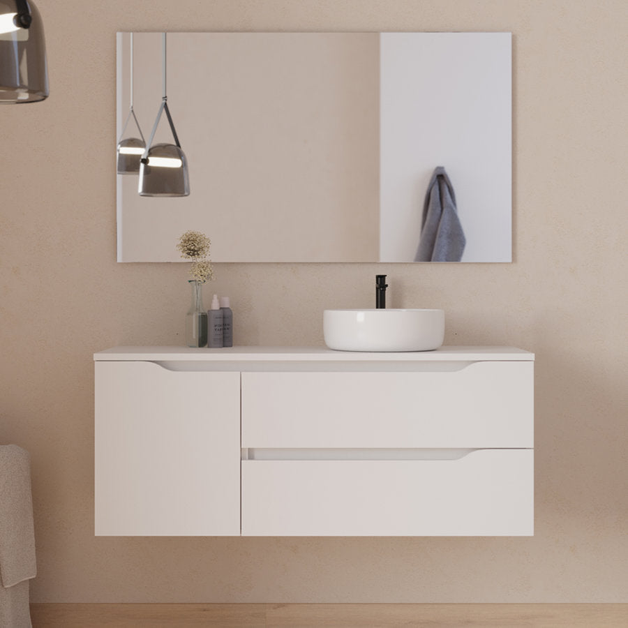 Meuble de salle de bain 120cm avec plateau et vasque à poser déportée à droite Ares - sans miroir - 2 tiroirs et un placard - ZARZA
