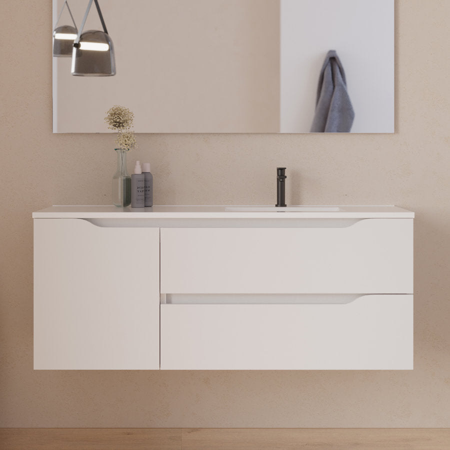 Meuble de salle de bain 120cm avec vasque déportée à droite et miroir - 2 tiroirs et un placard - ZARZA
