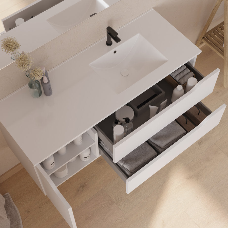 Meuble de salle de bain 120cm avec vasque déportée à droite et miroir - 2 tiroirs et un placard - ZARZA