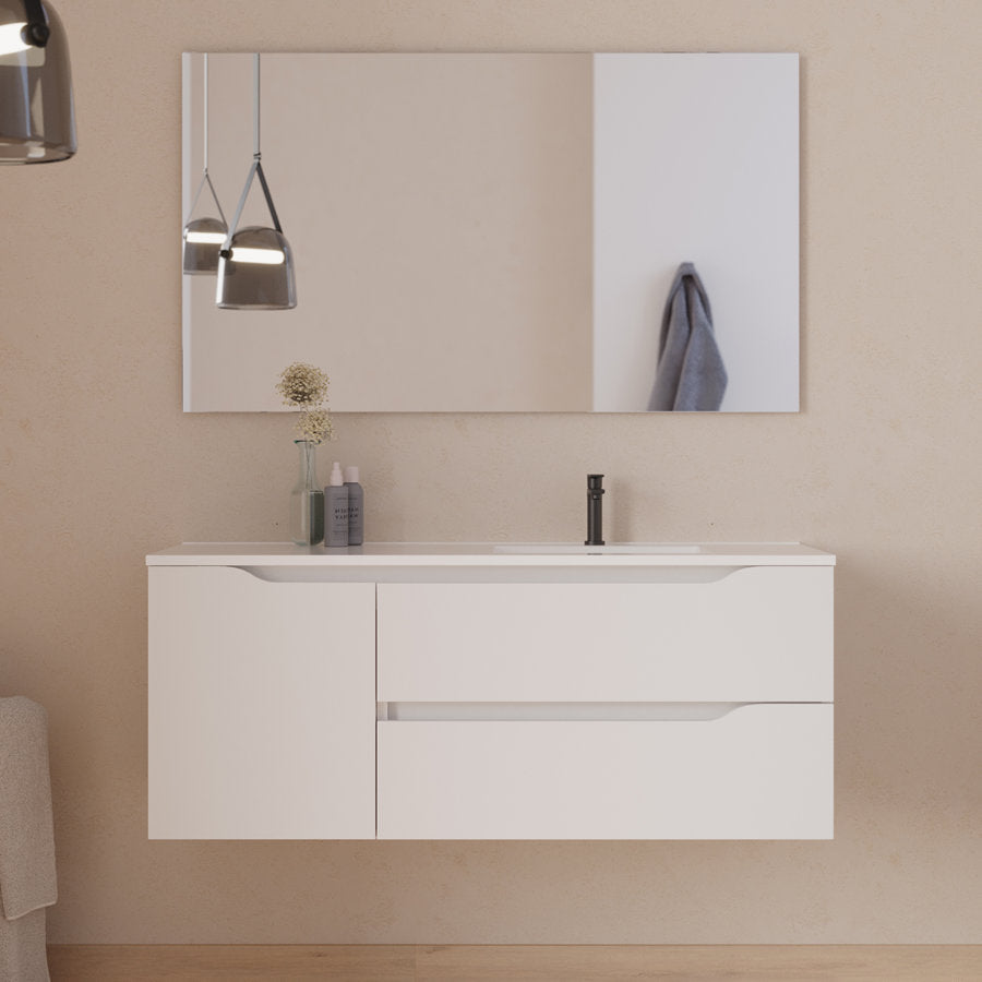 Meuble de salle de bain 120cm avec vasque déportée à droite et miroir - 2 tiroirs et un placard - ZARZA