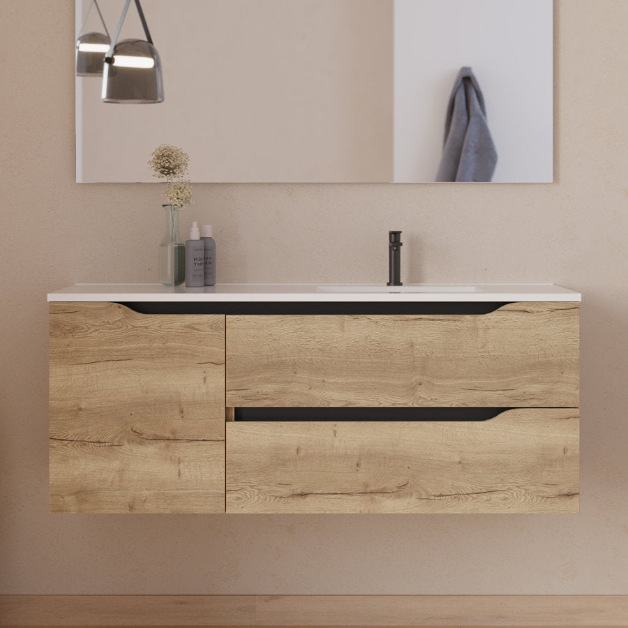 Meuble de salle de bain 120cm avec vasque déportée à droite et miroir - 2 tiroirs et un placard - ZARZA